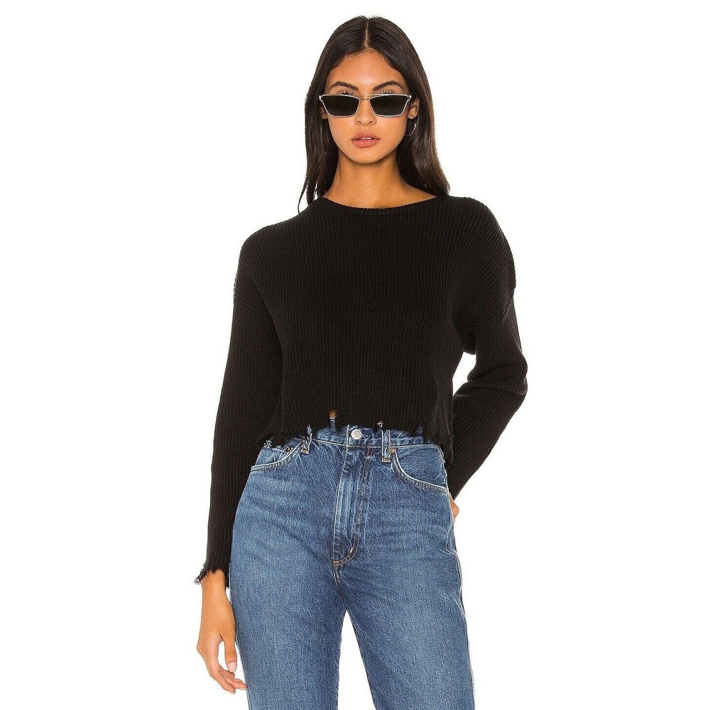 LOVERS FRIENDS Sweater Womens Medium Black Pullover Crop ARIELLE Distressed